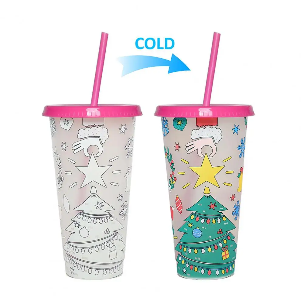 710ML Christmas Tumbler Cup Magical Color Changing Dustproof Lid with Straw Food-grade Cartoon Cup for Coffee Drinks