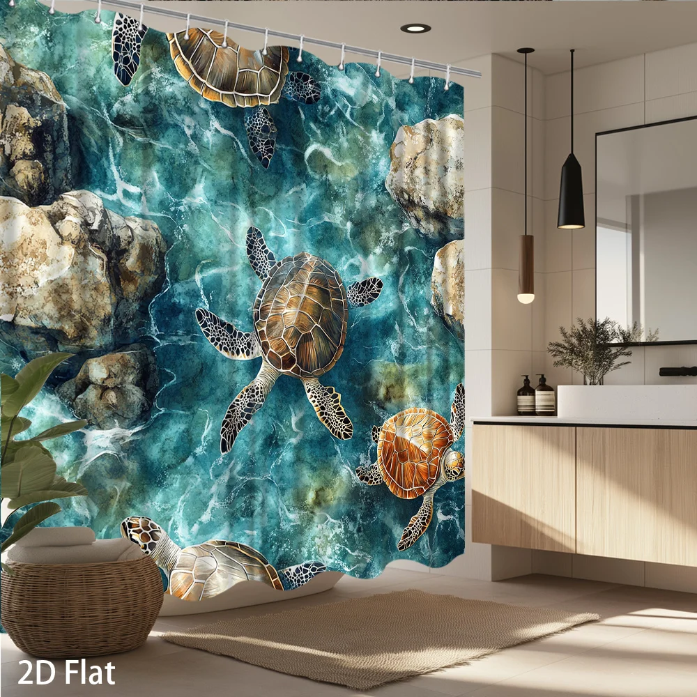 

Sea Turtle Shower Curtain – Realistic Ocean Scene with Turtles & Rocks in Aqua Blue, Waterproof Polyester, 72x72 Inch