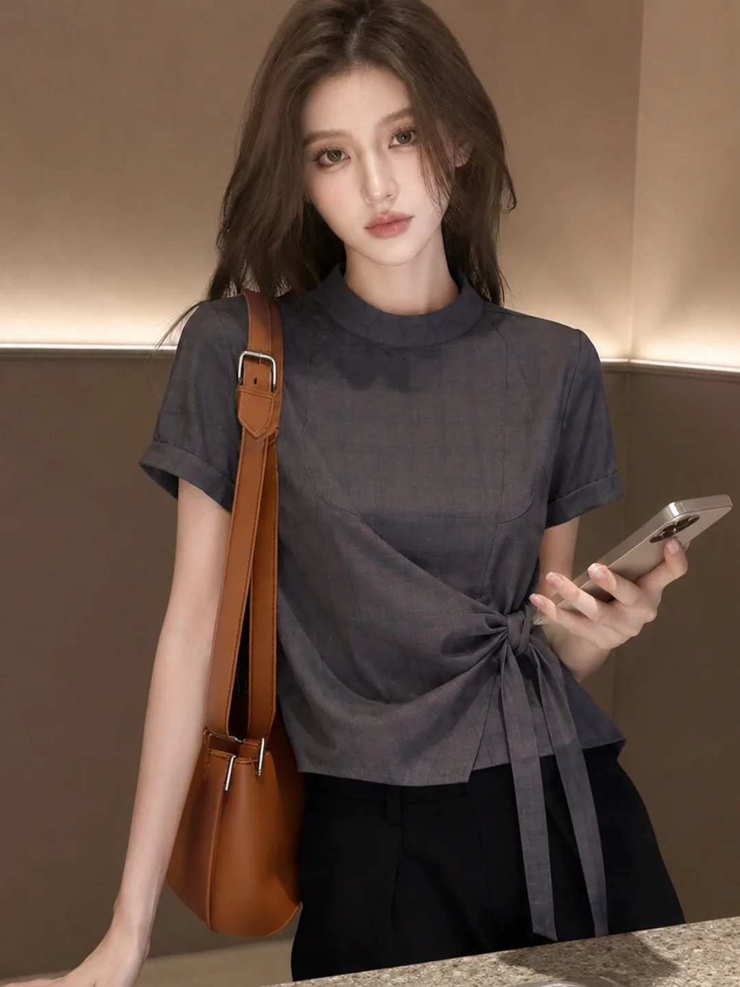 

2026 Summer New Design Short Sleeve Belted Top Women's Commute Fashion Sun Protection Pure Color Straight Cut Regular Length