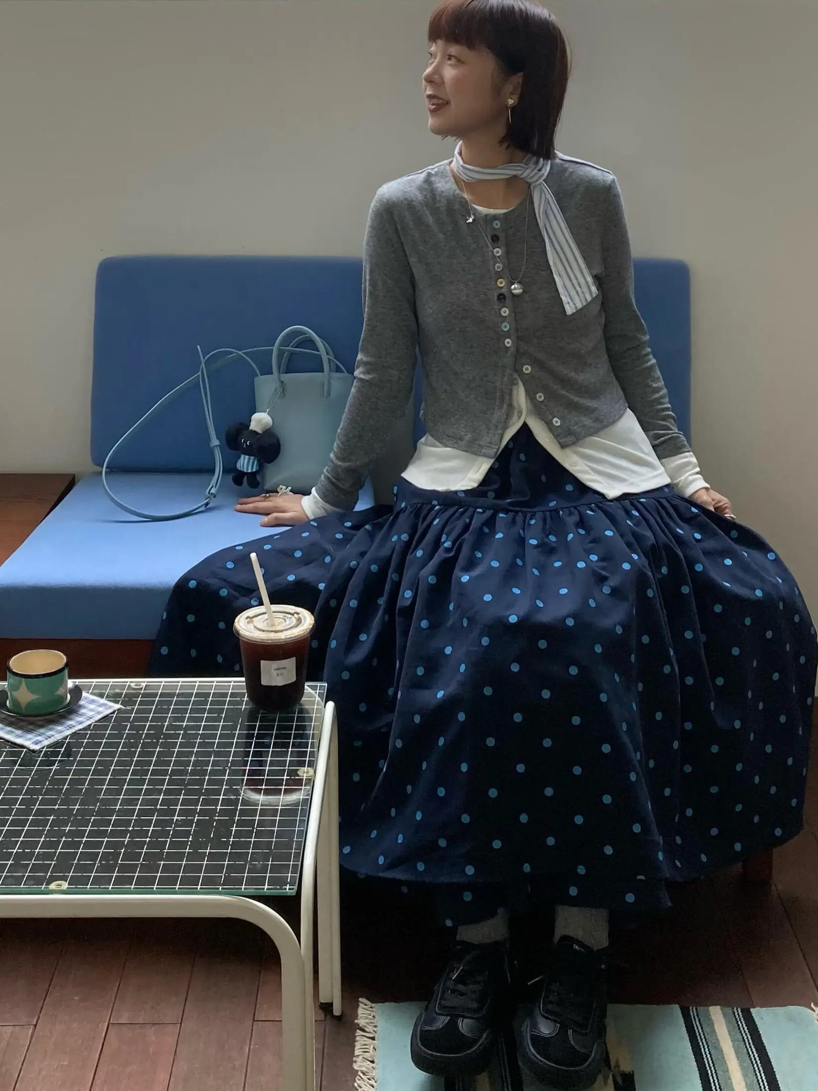 벨벳 느낌의 물방울 무늬 프린트 스커트 와이드 헴 루즈 더블 레이어 여성용 가을 겨울 패션 캐주얼 미디 스커트