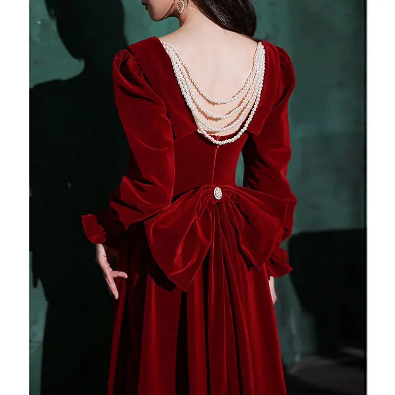 Elegant Velvet Cocktail Party 2022 New Temperament Square Collar Beaded Sweet Bow Engagement Dresses Women Wedding Vestidos