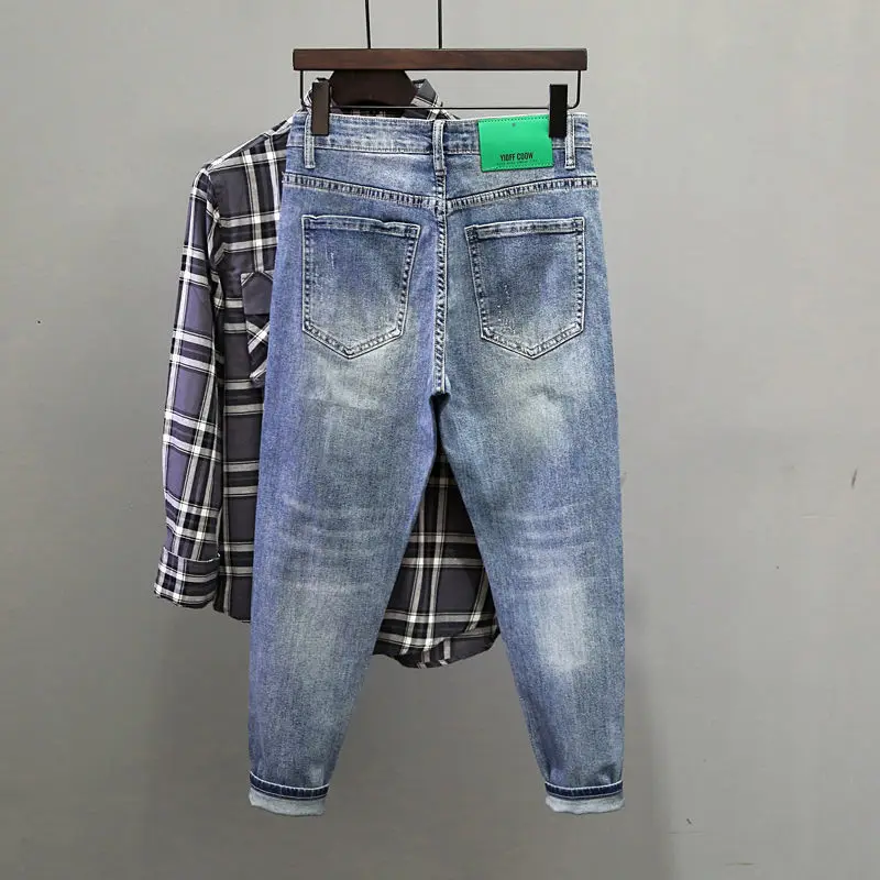 Man Clothing 2025 Light Color Slim Fit Denim Jeans Men's Trendy Brand Ripped Denim Man Trousers Small Feet Casual Pants Men