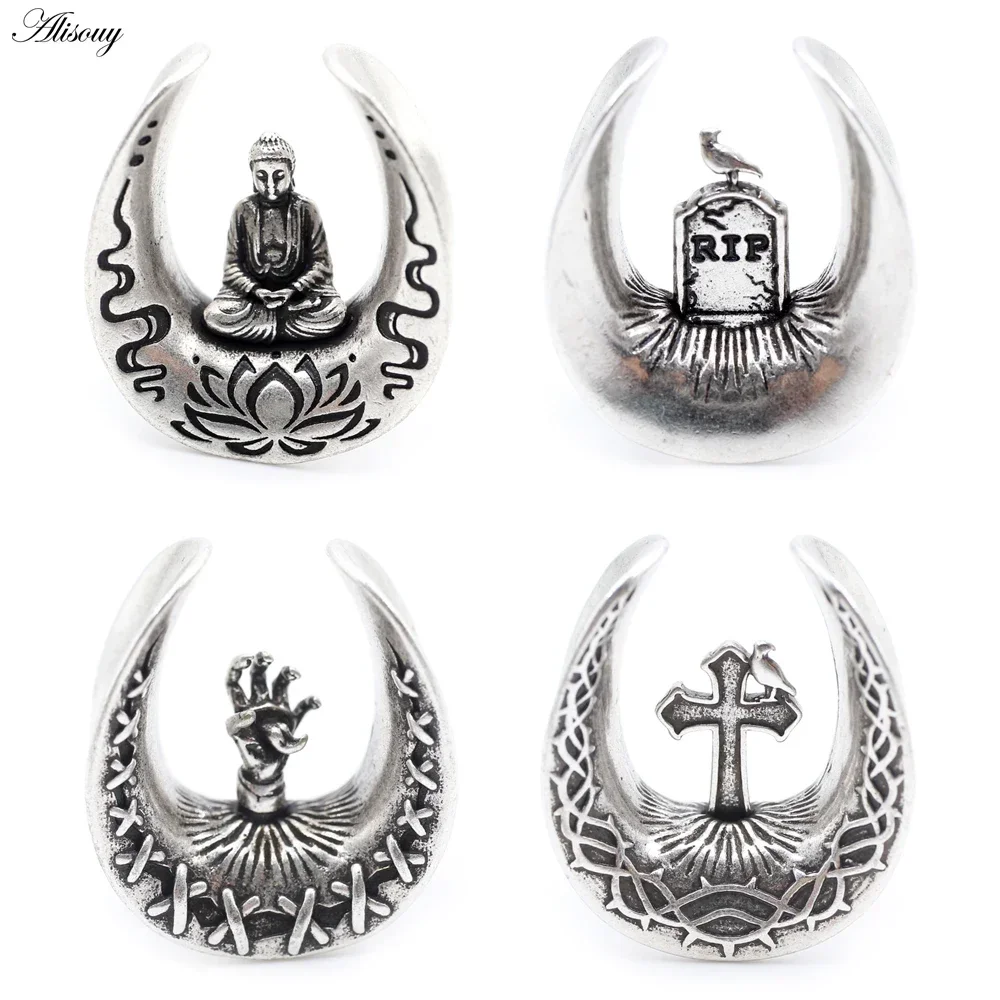 Alisouy 1PC Ear Tunnel Plug Expander Alloy Casting Cross Buddha Palm Bird Saddle Stretcher Gauges Earrings Piercing Body Jewelry