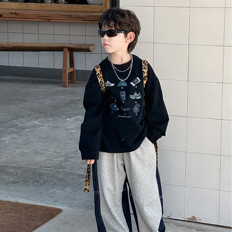 

2025 Autumn Winter Boys Sweatshirt Children Kid Sweater Jumper Clothes Loose Top Sports Black Fashion 3-12 Years Toddler Bottom