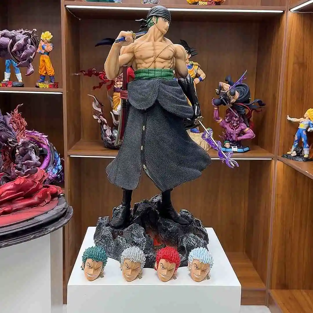 50cm One Piece Anime Carrying Knife Roronoa Zoro 5 Interchangeable Heads Collectible Statue Model Figure Ornament Adult Gifts