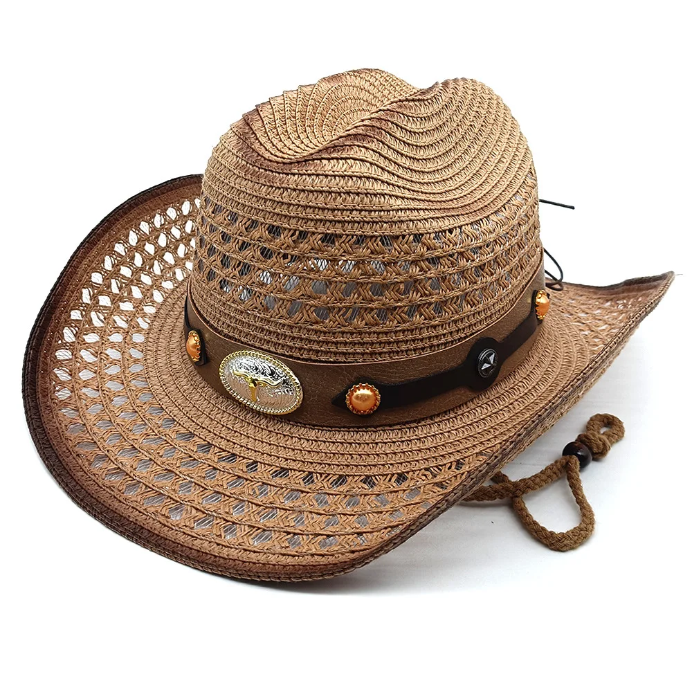 Retro zomer strohoed Western cowboyhoeden Verstelbare zomerstrandzonbescherming Zonnekap voor mannen en vrouwen Trekkoord