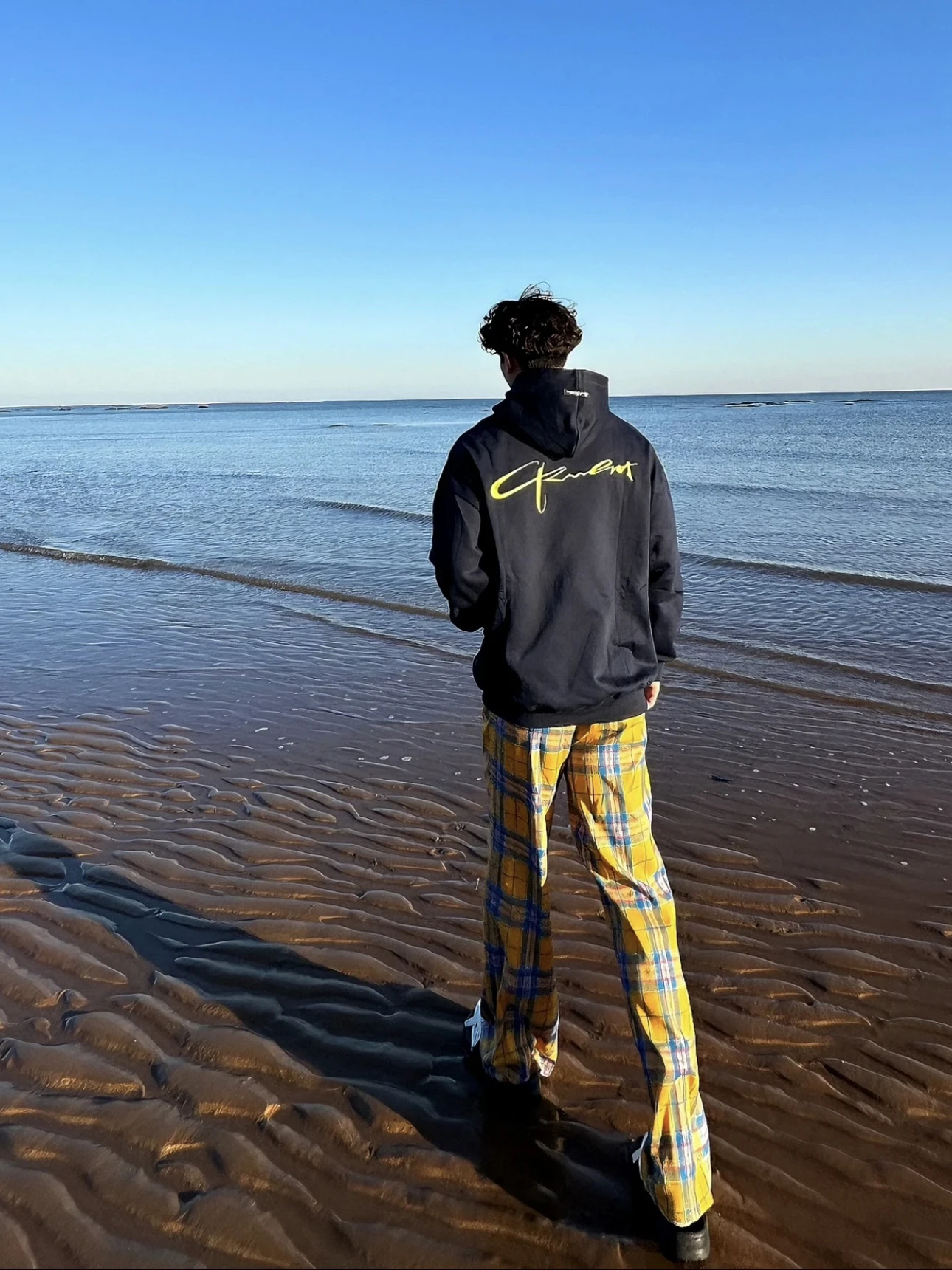 Pantaloni lunghi da uomo pigri scozzesi gialli retrò americani Pantaloni casual da passeggio lunghi fino al pavimento per coppie Primavera Autunno