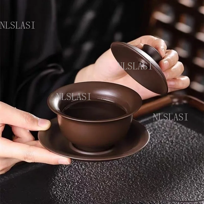 180ml Purple Clay Sancai Gaiwan Yixing Zisha Teacup with Lid and Saucer Chinese Kung Fu Tea Brewing Bowl Tea Ceremony Drinkware