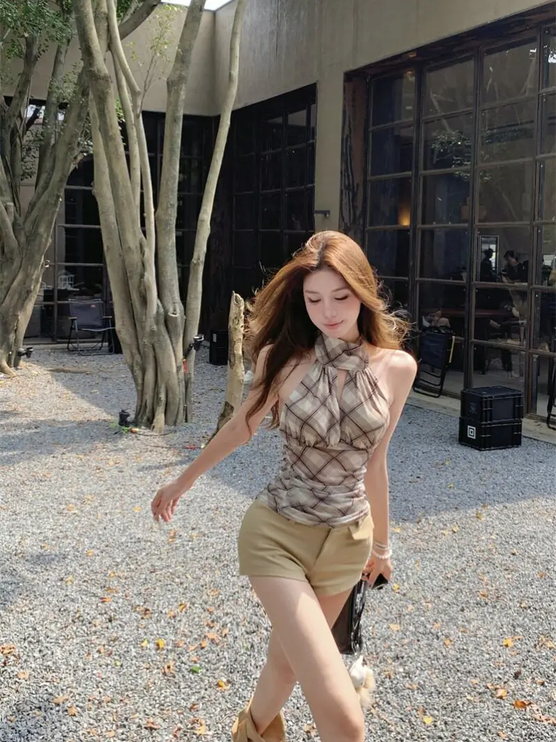 

Slim Fit Plaid Backless Strap Vest Women's Spring Outerwear Short Style Sleeveless Top Fashionable Trendy Student Work Uniform