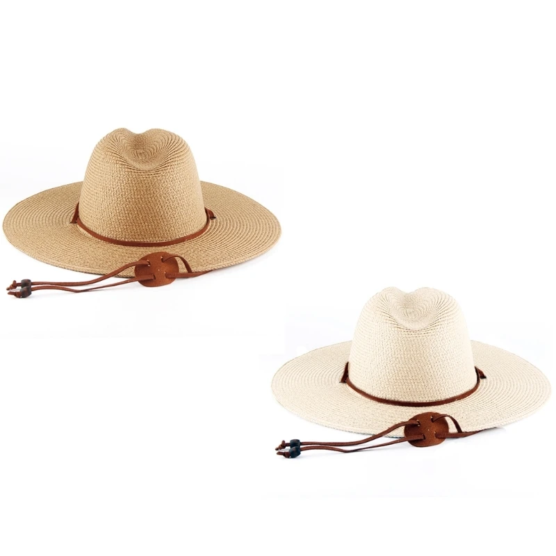 340D Fashion Woven Straw Sun Hat with Sun Blocking and Adjustable Chin Strap Wide Brims Panama Hat for Outdoor Beach Activity