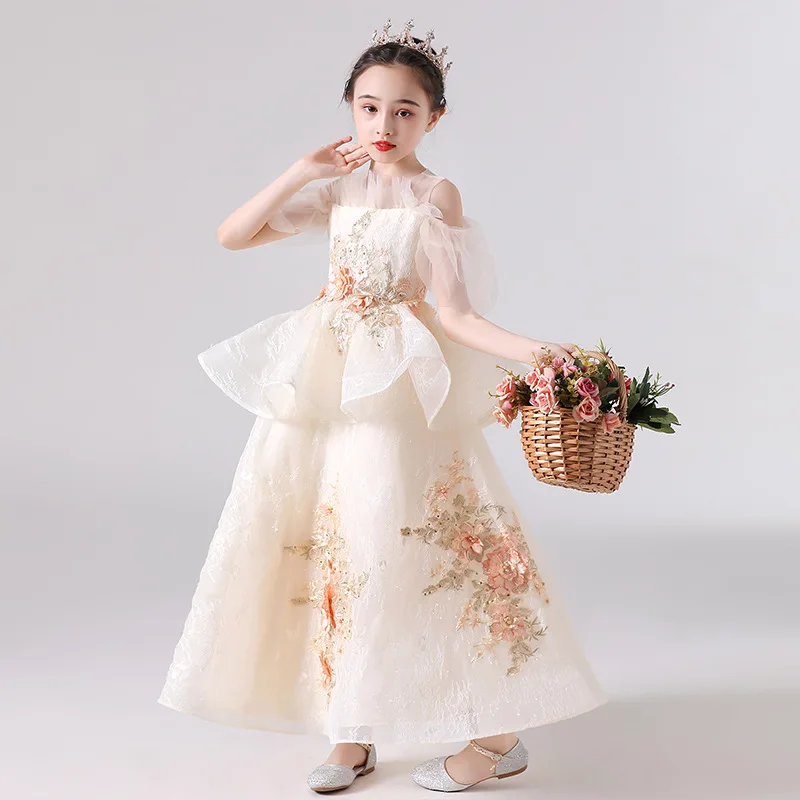 Girls Formal Dress Elegant Embroidery Tulle Princess Dresses Teen Girls Ruffle Party Banquet Pageant Gown Evening Cocktail