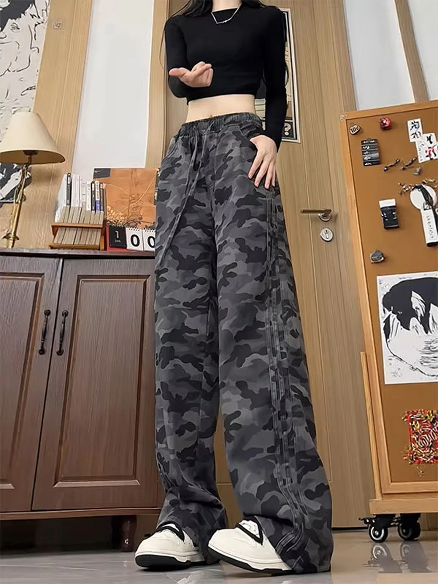 

American Retro Camouflage Jeans Men's Straight Leg Wide Leg Workwear Hiphop Jazz Dance Striped Casual Trousers