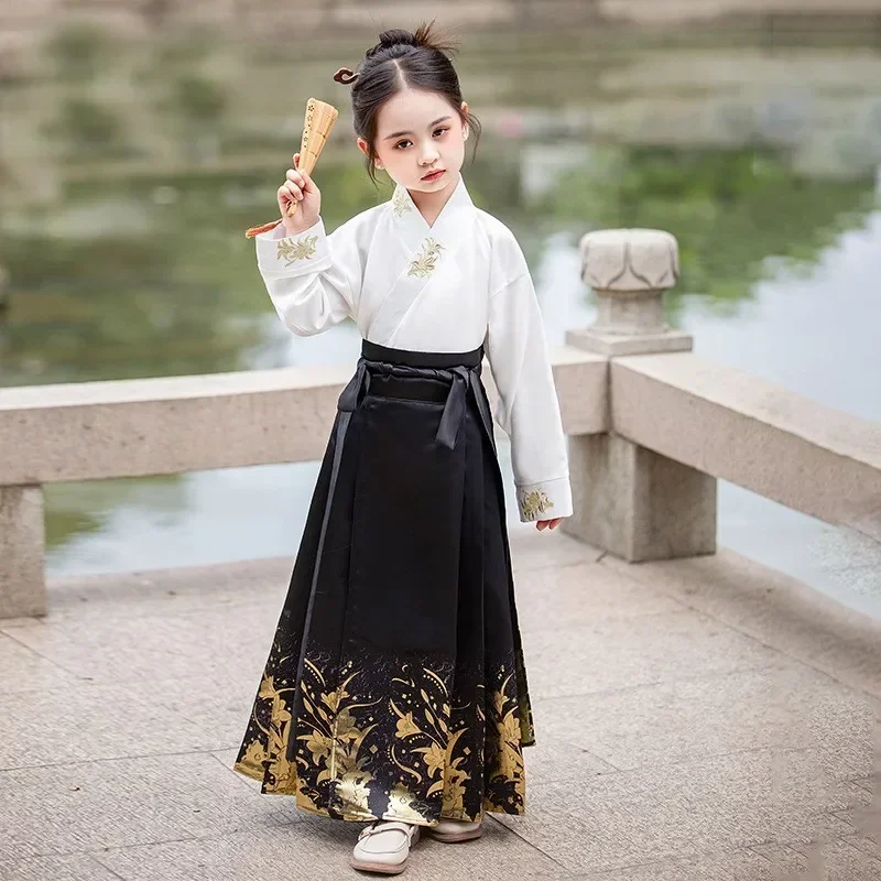 Kids Hanfu Girls Vintage Chinese Traditional Horse-face Skirt Hanfu Set Children Dance Wear Photography Perform Clothes Cosplay