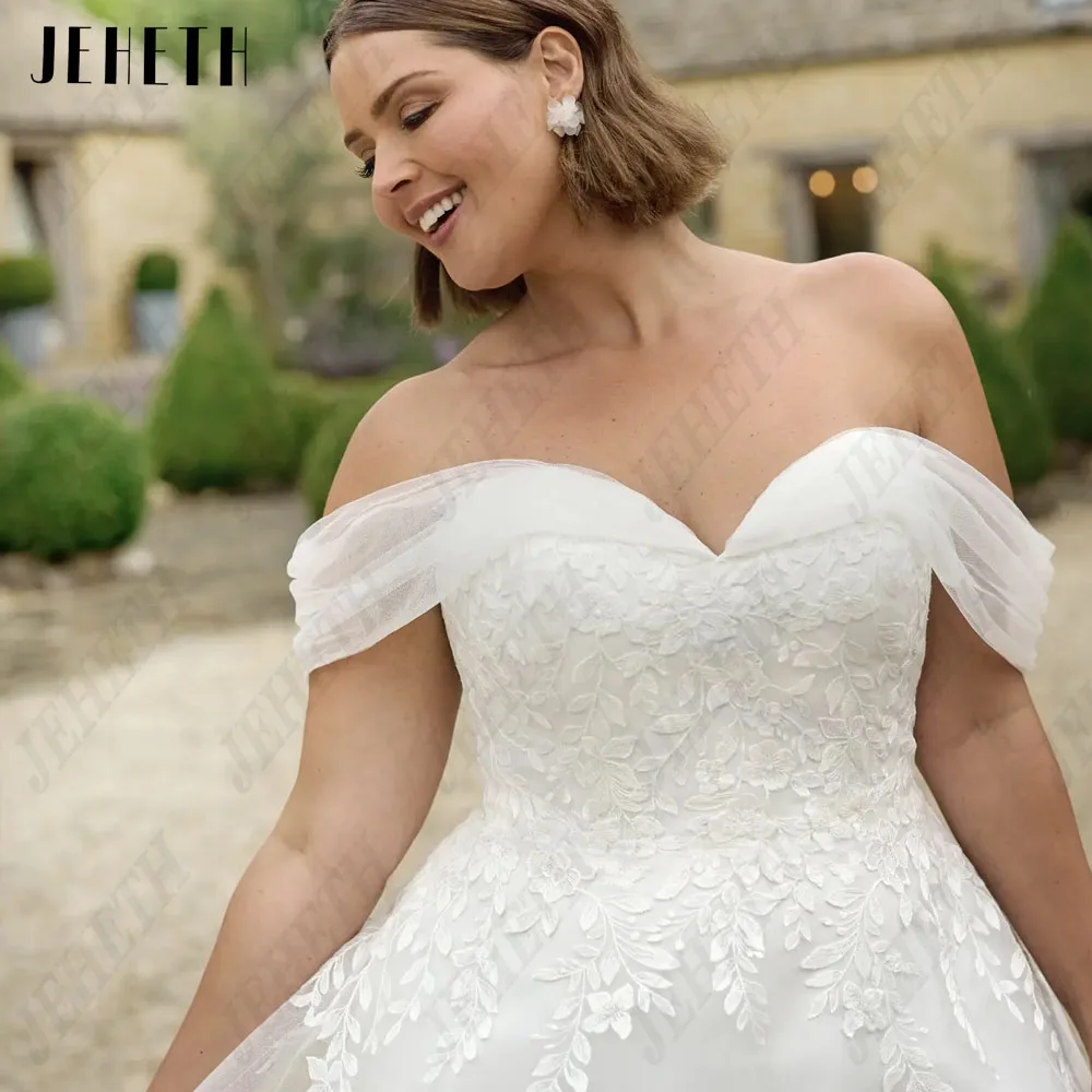 JEHETH Vestidos de Noiva Vintage Off Ombro V-Neck Lace Applique Vestidos de Noiva JEHETH Vintage Vestidos De Casamento Fora Do Ombro V-Neck Lace Applique Vestidos De Noiva Plus Size A Linha Tulle Classic Robe De Mariée