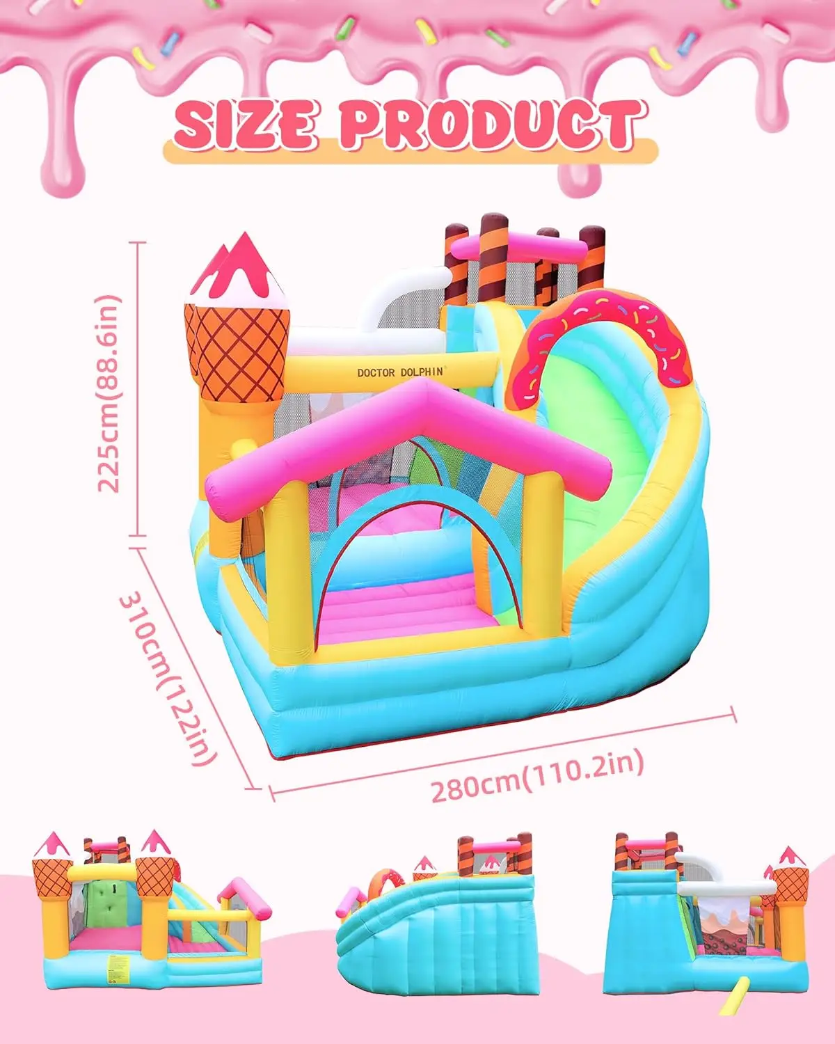 子供用インフレータブルバウンスハウス、アイスクリームドーナツデザートパーティー、送風機付き屋外遊び用、ロングスライドとボールプール付き