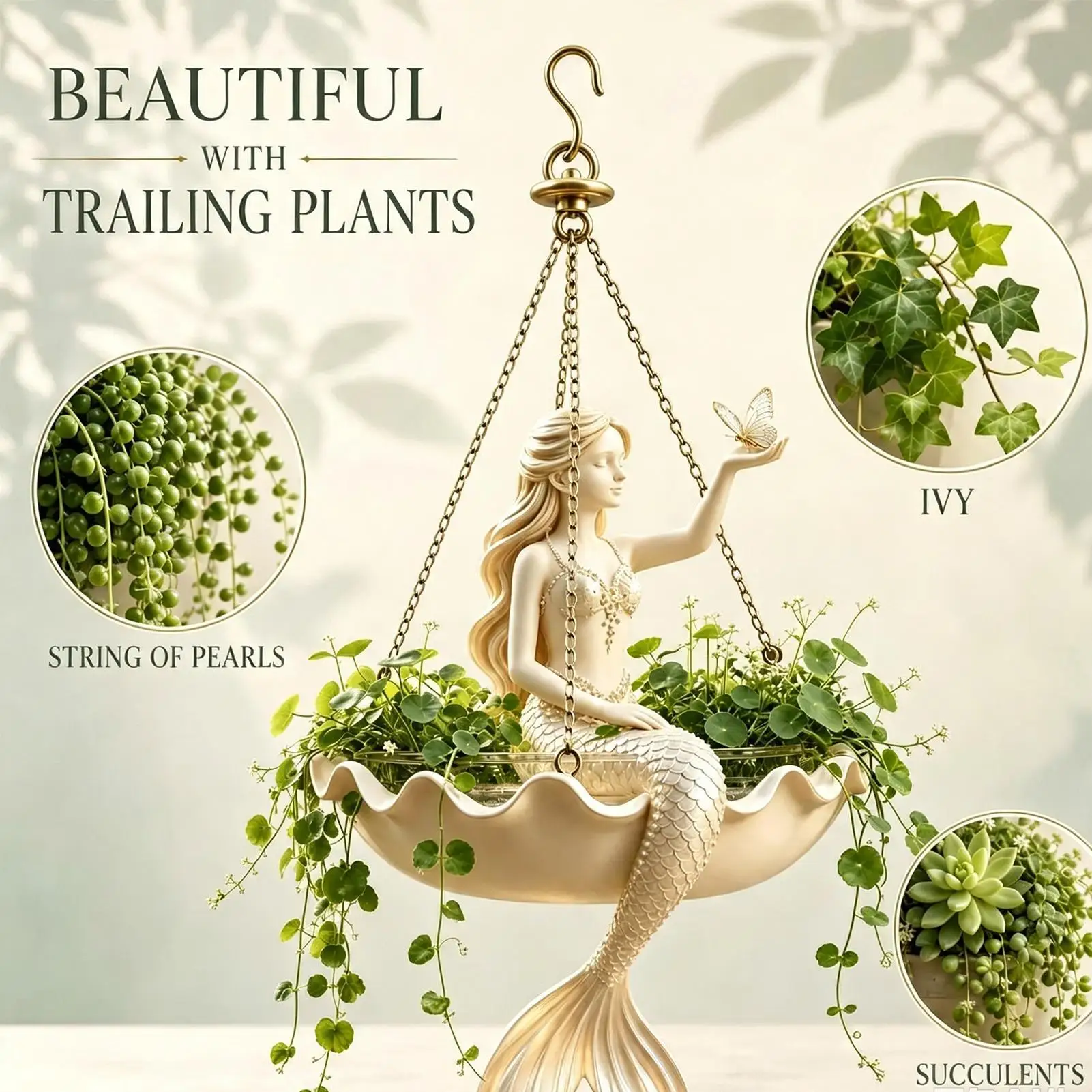 Plant Pots Decorative Creative Mermaid Shape Hangable Hangable Flower Pot for Indoor Outdoor Home Balcony Office Living Room