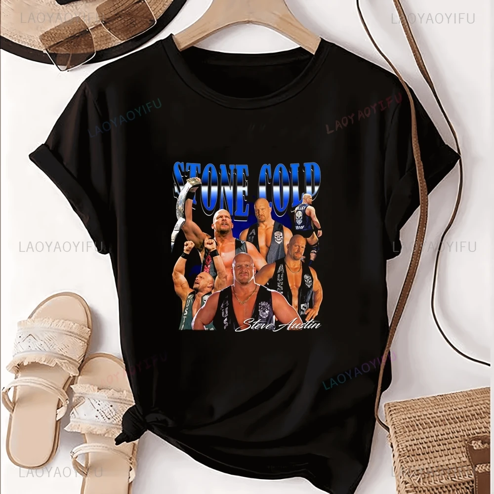 Wrestler Stone Cold Steve Austin Printed T-shirt Top Neutral Trend Harajuku Short Sleeved Unisex Shirt Pattern Large T-shirt