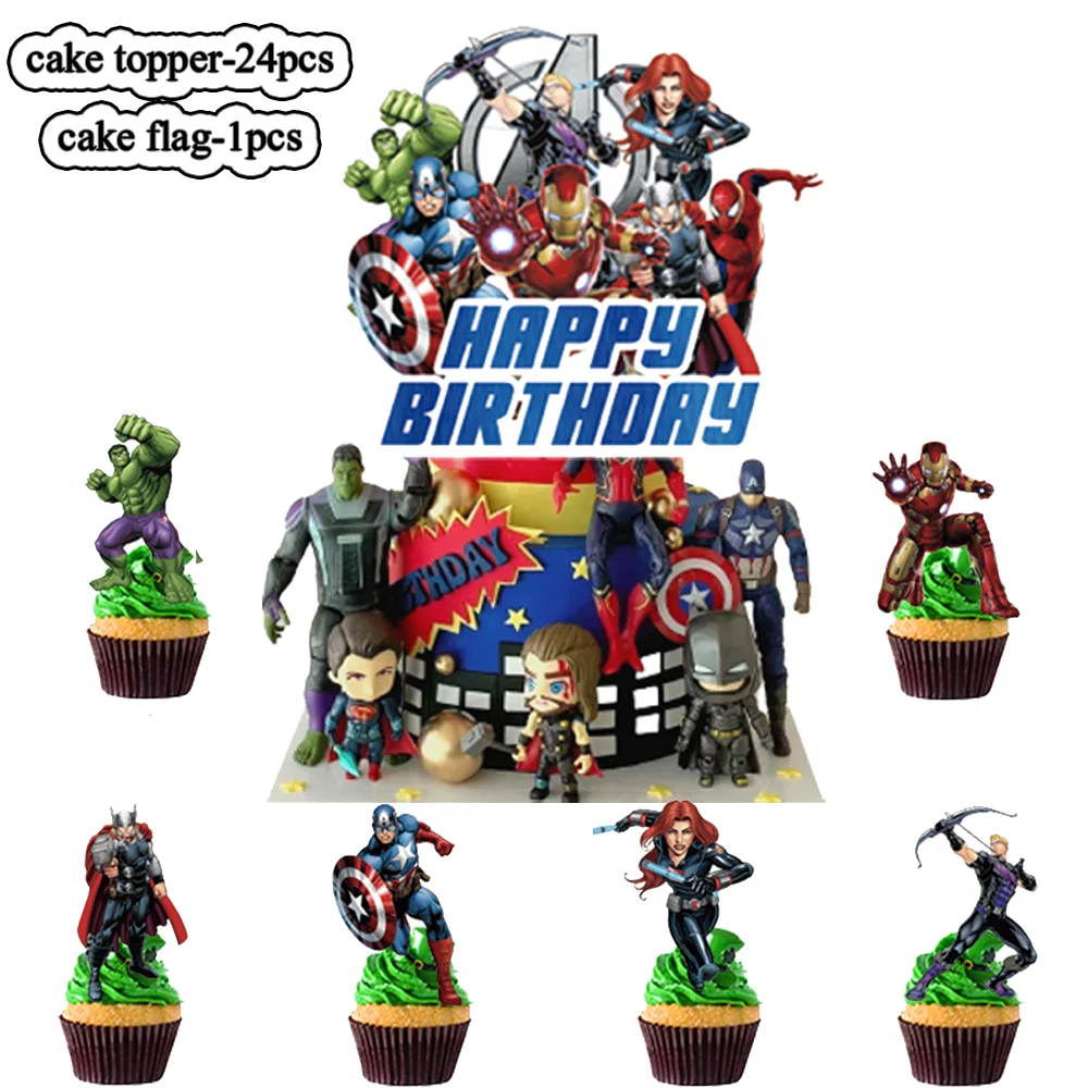 Spider Man Marvel Theme Cake Toppers Decoration for Children\'s Birthday Party Avengers Party Handmade Cupcake Dessert Flag