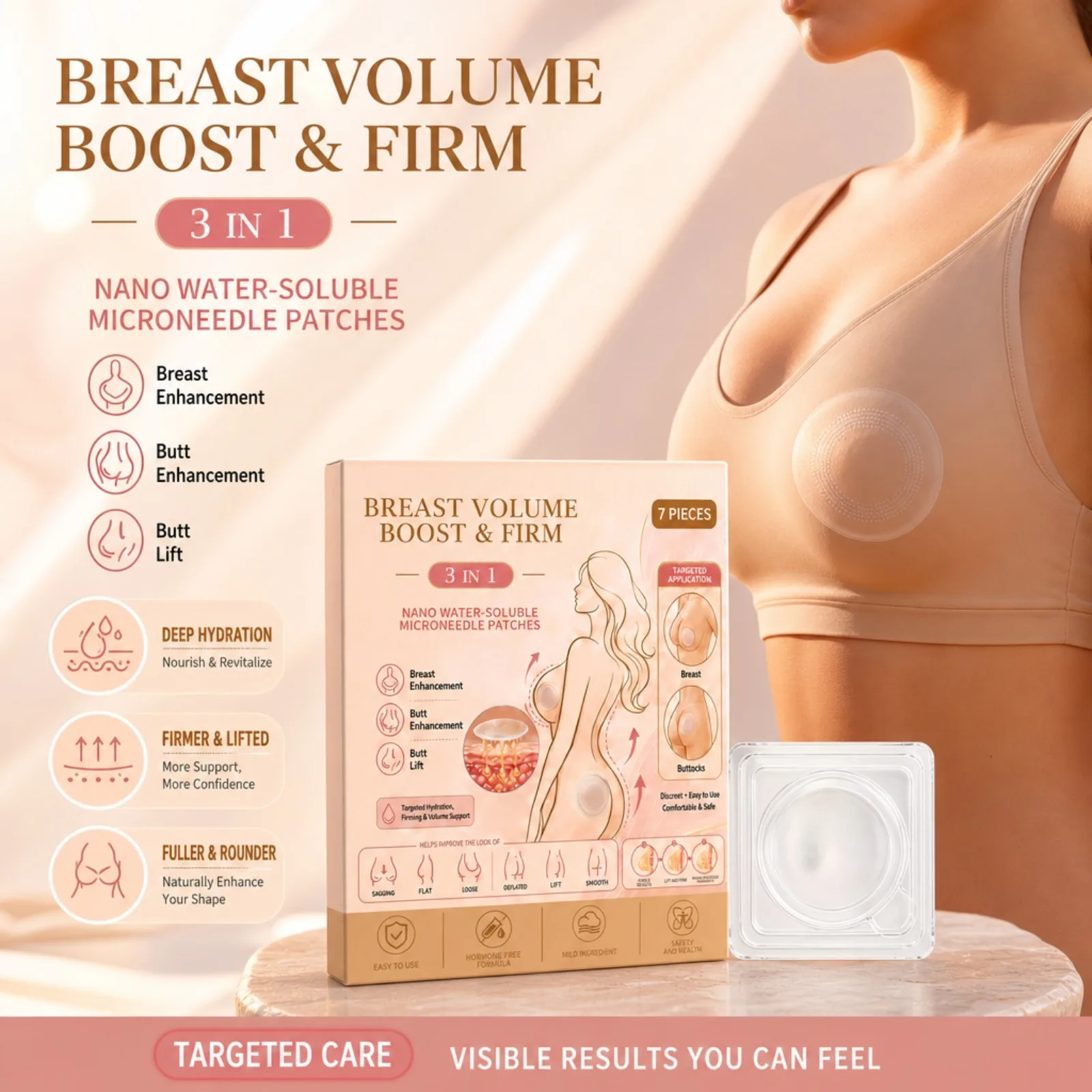 3In1 Bust Hip Microneedle Patches Hyaluronic Acid Collagen Firming Plumping Looking Body Care Pads For Women Daily Home Skincare