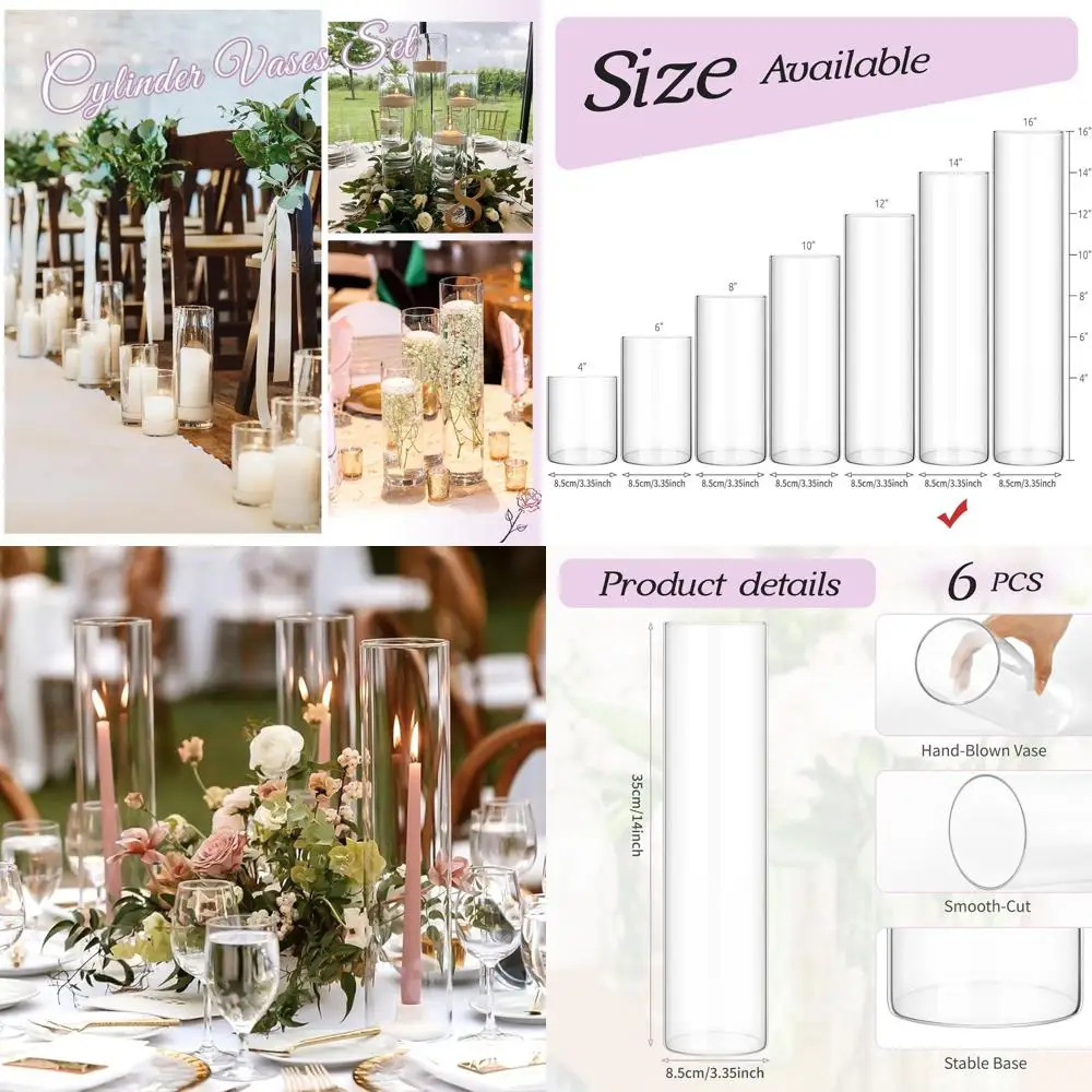 

Набор из 6 прозрачных стеклянных ваз-цилиндров высотой 14 дюймов, идеально подходят для плавающих свечей, свадебных композиций, крупных цветочных композиций, вечеринок