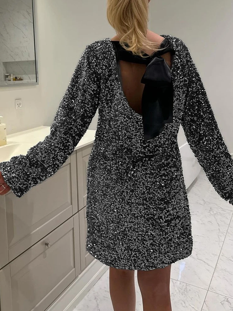 Sexy glitter o-pescoço festa feminina vestido curto moda brilhante lantejoulas midi vestido elegante sem costas arco rendas até banquete vestido curto