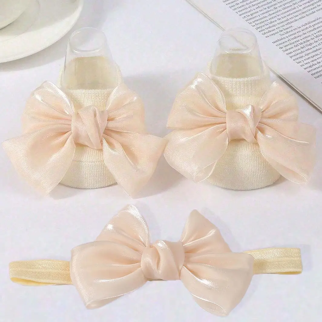 1 pairs Breathable Adorable and Bow Princess Socks & Hairbands for Baby Girls with Non-slip Design