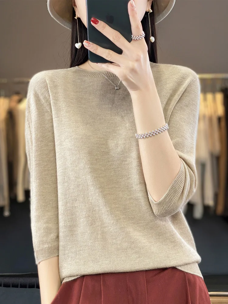 

Spring and Summer 2024 New Women's Fine-wool Half-sleeve Round Neck Sweater Loose Slim Base Top