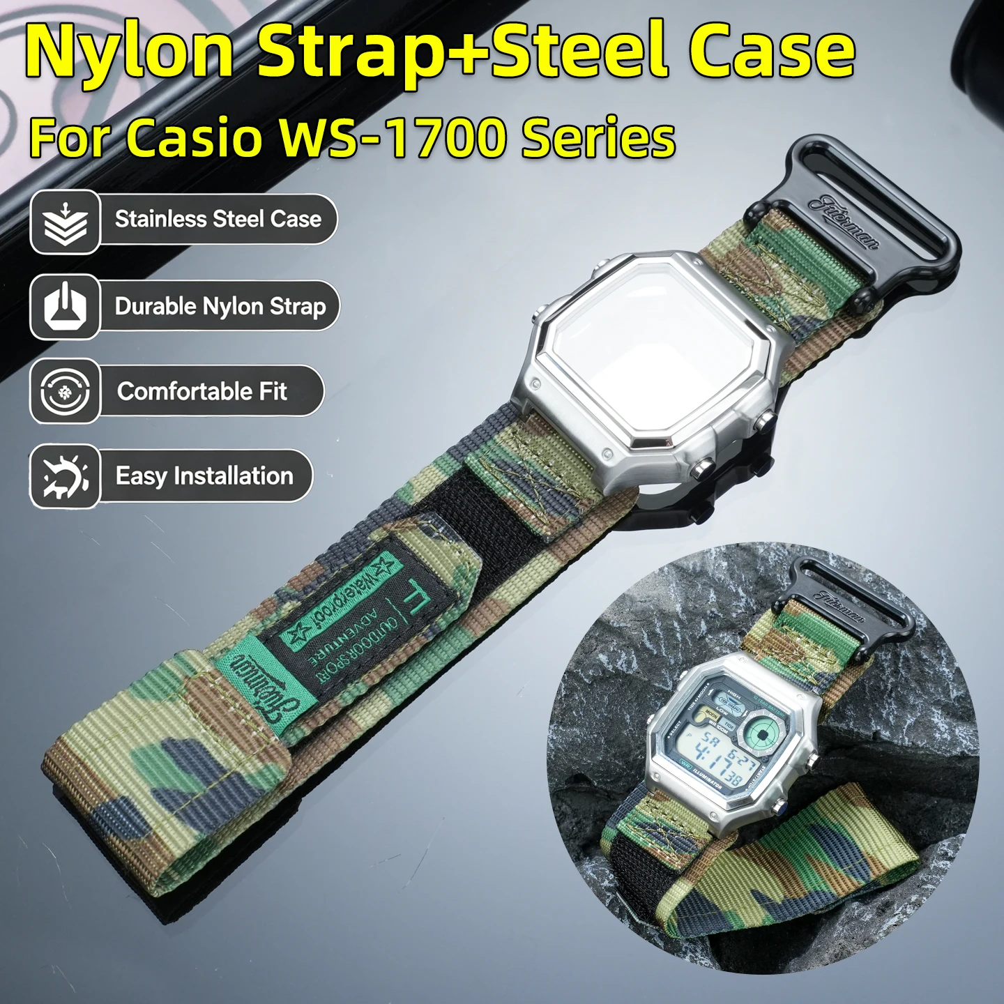 Für CASIO 3562 WS-1700 Mod-Kit: Nylon-Uhrenarmband mit Edelstahlgehäuse-Set |    Sportliches, wasserdichtes Uhrenarmband, Uhrenzubehör