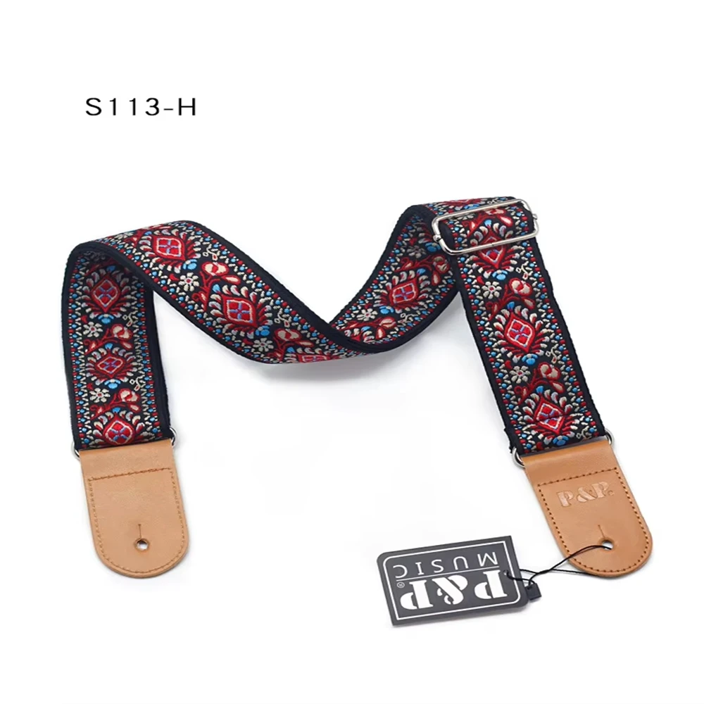 Guitar Strap Embroidered Belt Adjustable Jacquard Band Cotton Leather End For Bass Acoustic Electric Guitar Ukulele Instruments