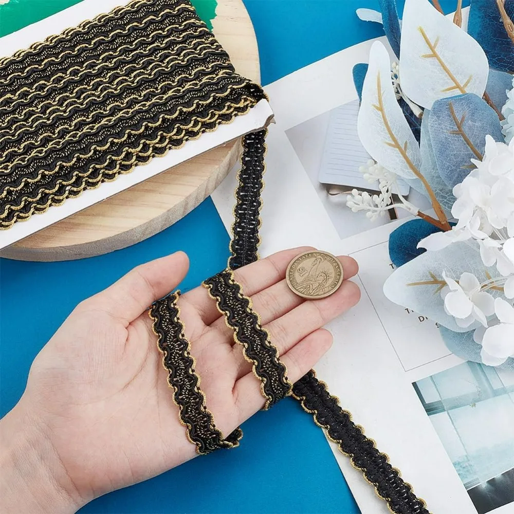 13 ياردة حواف جديلة سوداء 15 مللي متر/0.6 بوصة شريط زخرفي من البوليستر المنسوج من الدانتيل حافة سلك ذهبي على شكل حرف S