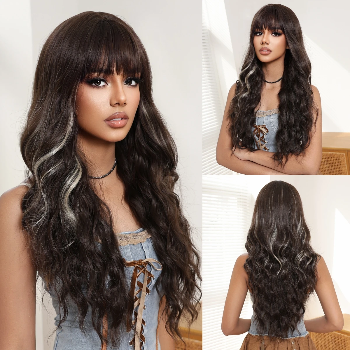 

Allbell Magique Gradient Dark Brown Light Gray Highlight Long Wig with Bangs Heat Resistant Long Wavy Curly Synthetic Hair