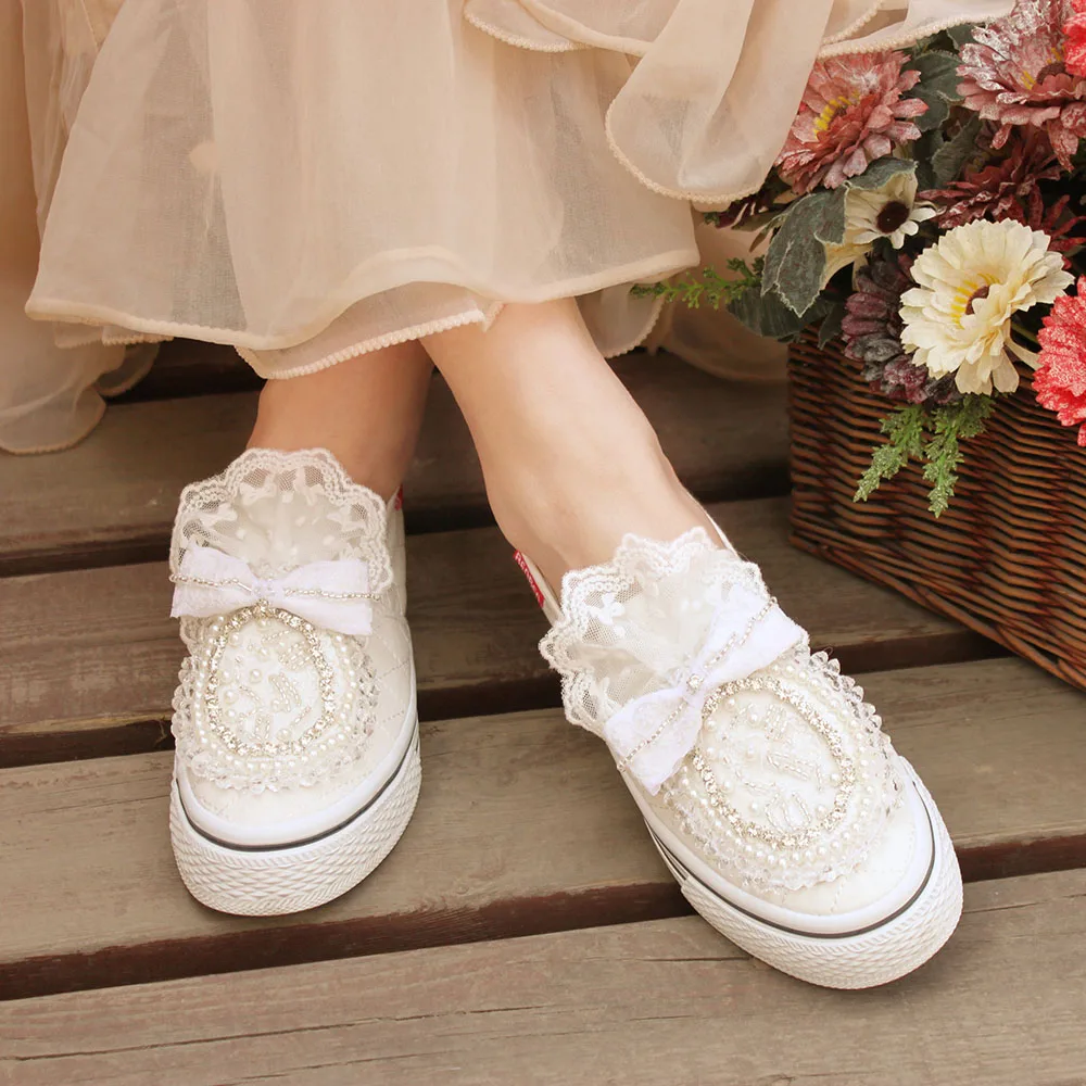 Handmade Crystal lace Princess Shoe Size 40  Autumn Flats Women Shoes Slip-on Lazy Canvas Shoes Loafers Zapatos Mujer