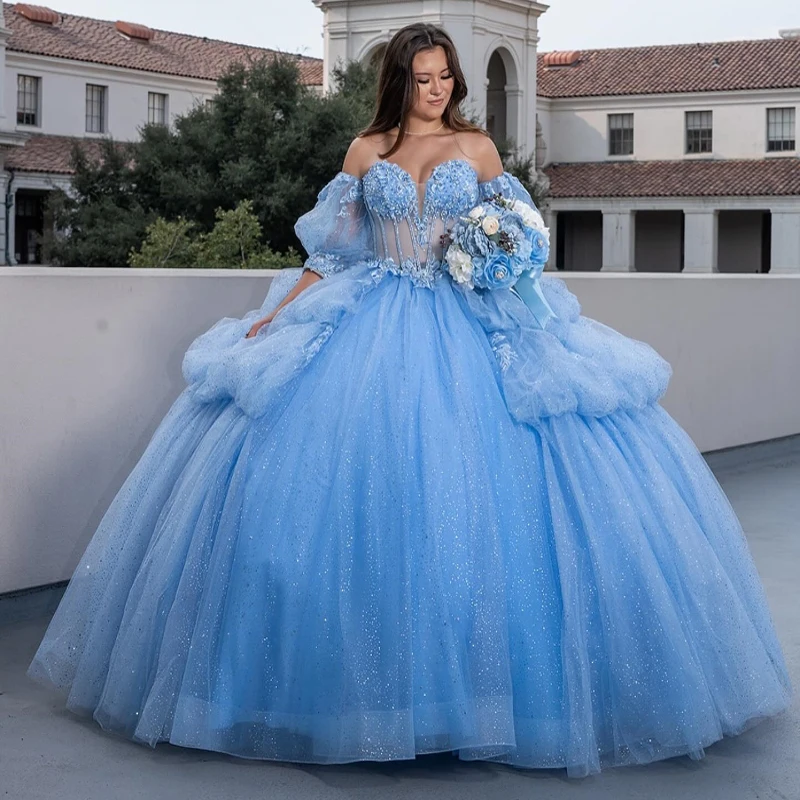 

Sky Blue Sparkly Princess Off Shoulder Quinceanera Dresses Lace Beads Bow Tull Sweet 16 Ball Gown Vestidos De 15 Anos