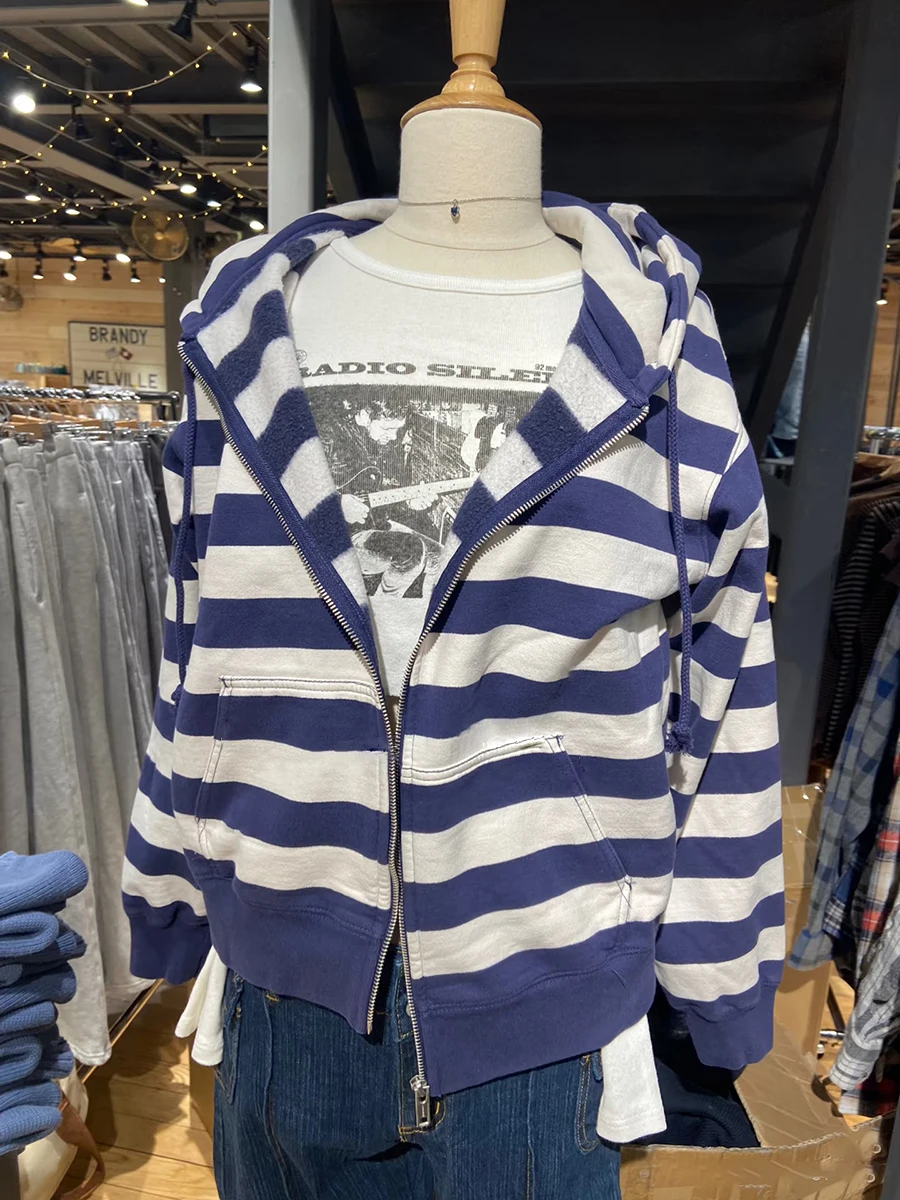

Navy Striped Zip-up Hoodies Woman Drawstring Hooded Long Sleeve Cotton Sweatshirt Coat Autumn Vintage Preppy Style Hoodie Tops