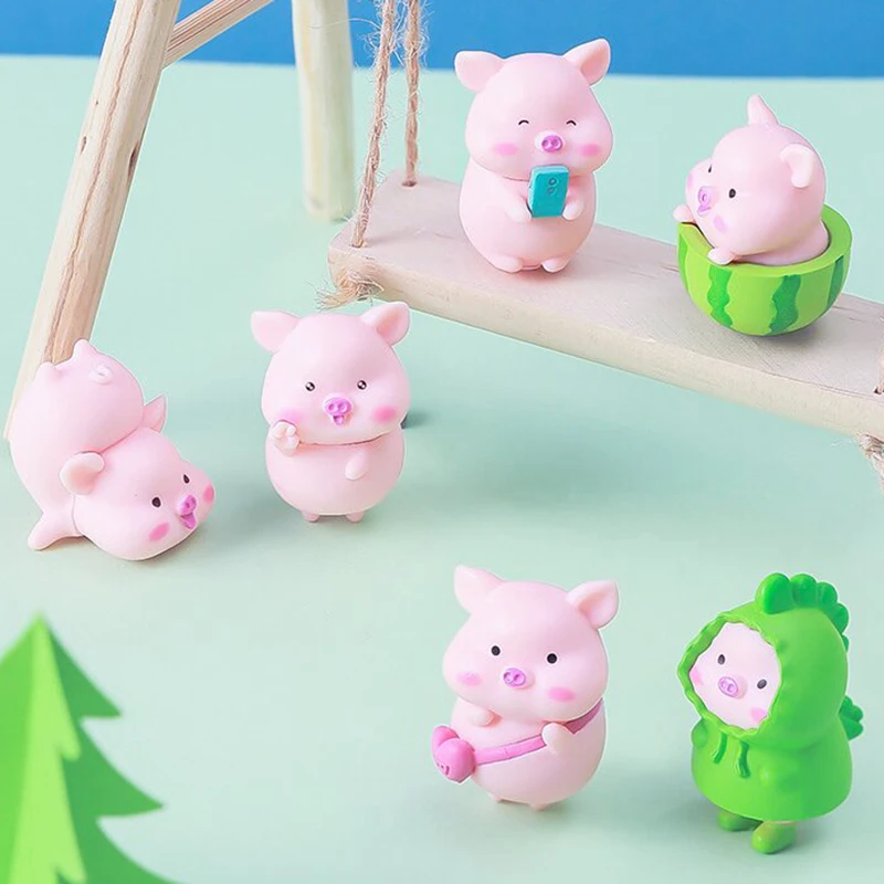 7Pcs/Set Creative Cute Watermelon Piggy Doll Figurine Miniaturas Ornament Collection Statue Toy Fairy Garden Mini Miniatures