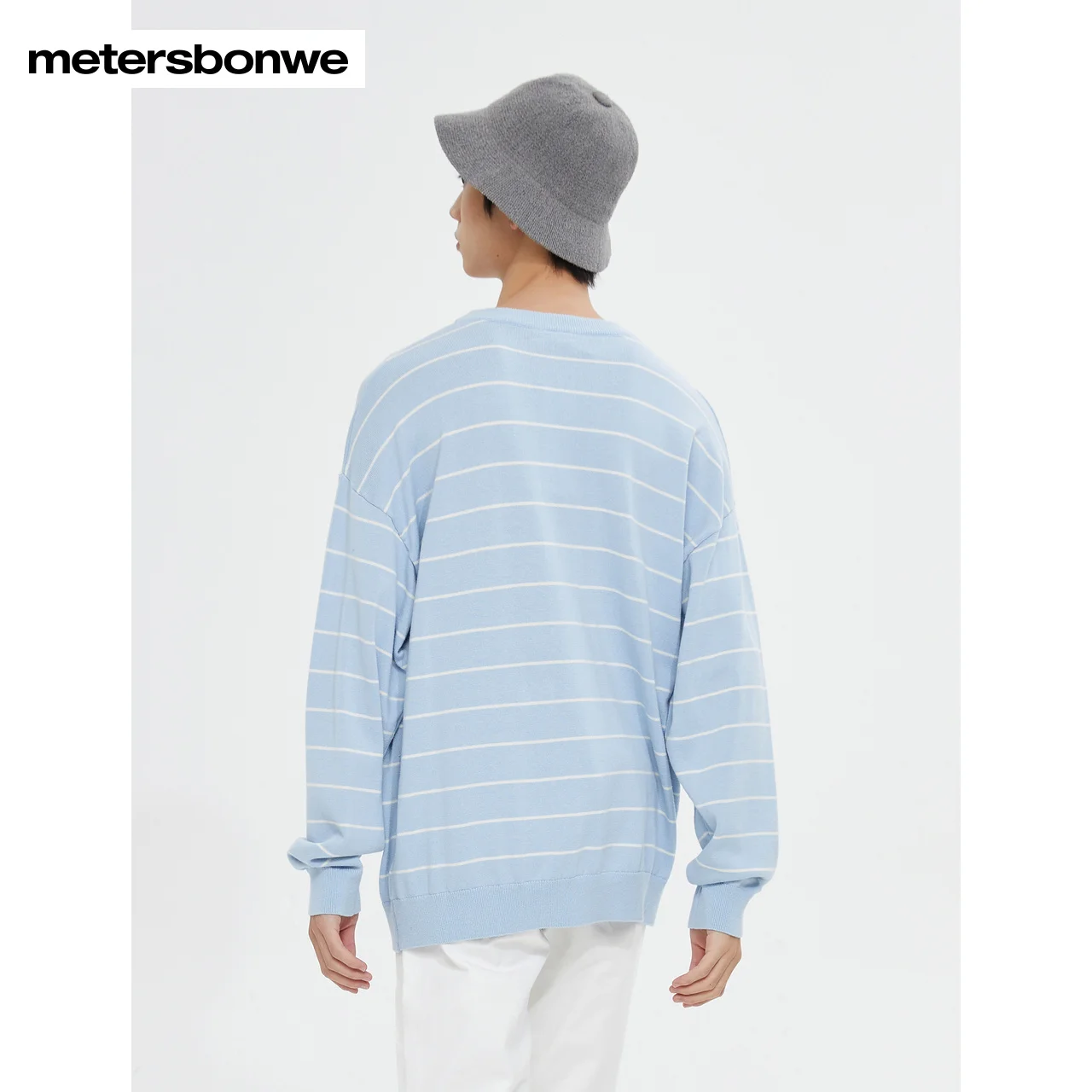 Metersbonwe-Men's  100%Cotton Contrasting Color Stripe Sweater Jumper Long Sleeved Round Collar Pullover Business Casual Spring