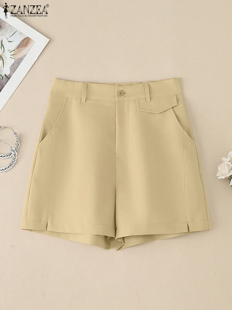 2025 zanzea verão shorts feminino elegante cintura alta trabalho ol calças casuais botão sólido pantalon elegante férias palazzo oversize