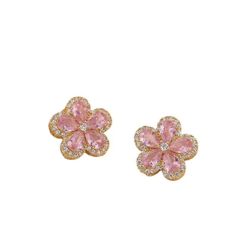 Luxurious Pink CZ Zircon Five-leaf Flower Earrings Women\'s Exquisite Design Simple Pendant Necklace Birthday Gift Jewelry