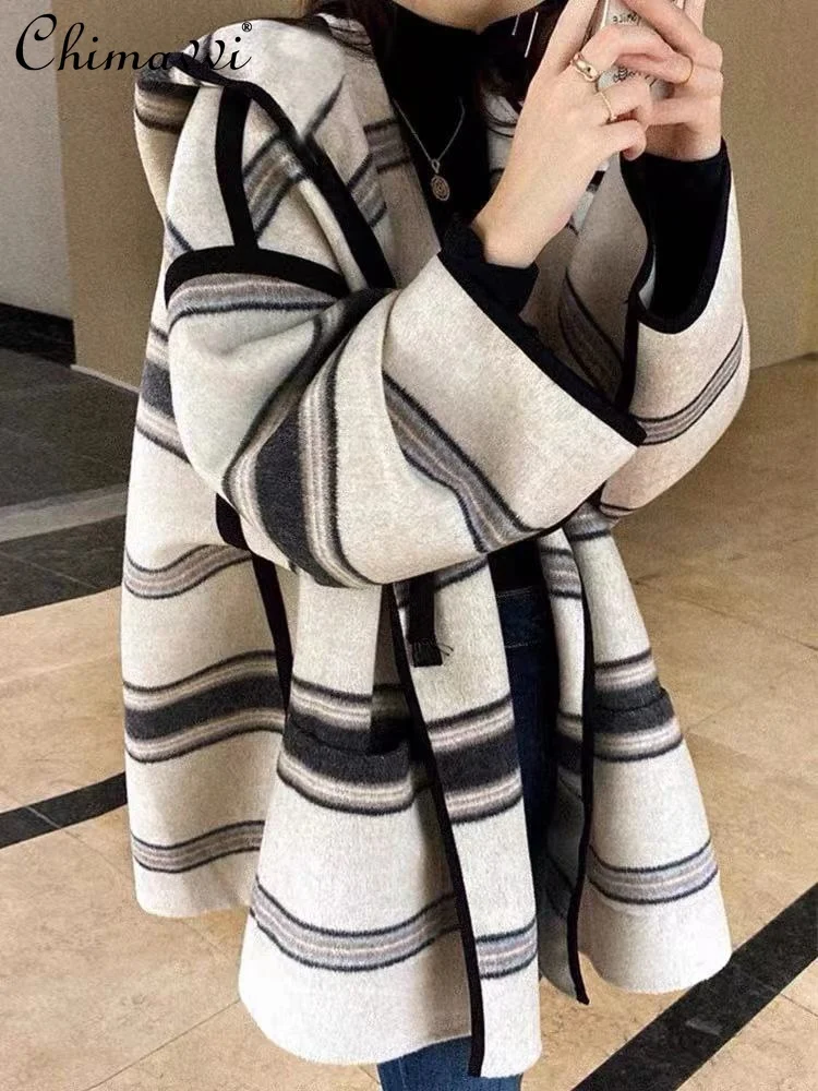 

Autumn Winter Korean Fashion Hooded Cloak Reversible Cashmere Coat Women's Loose Striped Long Sleeves Loose Elegant Casual Coat