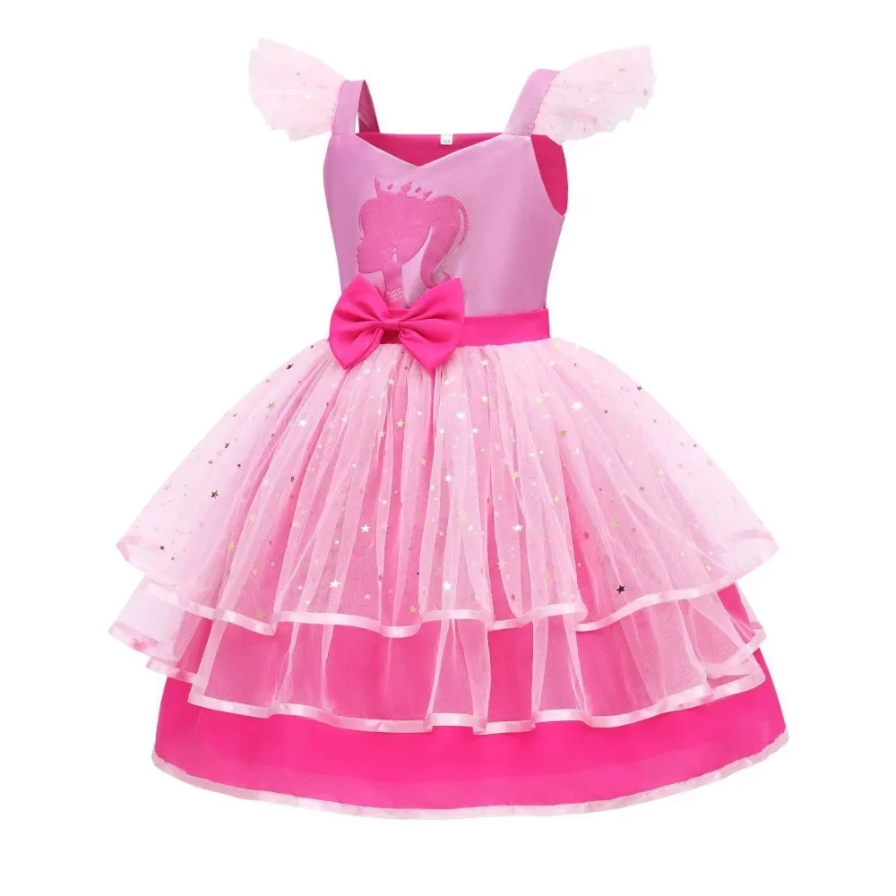 2024 European and American Girls Fluffy Princess Dress Barbie Movie Pink Cute Cake Dress Lace Cos Dress Dress