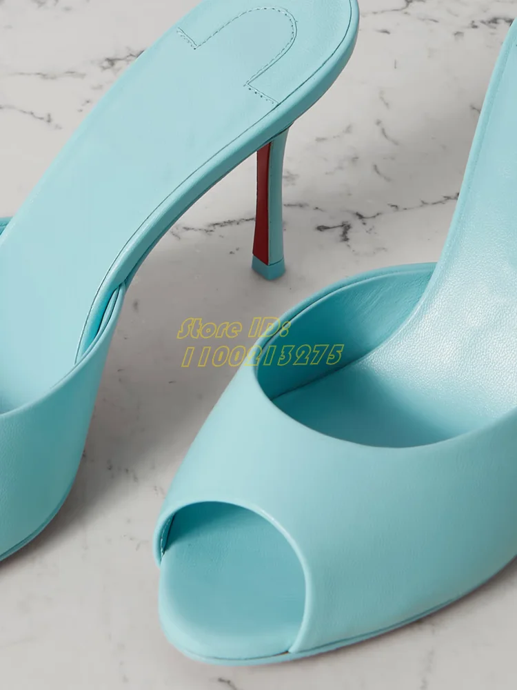 Peep Toe Matte Leather Slippers Shallow Slip On Blue Yellow Black Fashion 2024 Summer Women Dress Slides Stiletto Heel Shoes