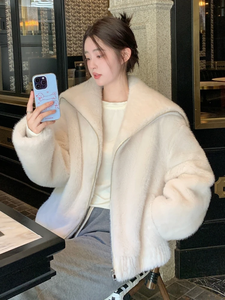 Korean Navy Collar Imitation Mink Fur Coat for Women, 2025 Autumn and Winter New Style, Super Beautiful Fur Top Short