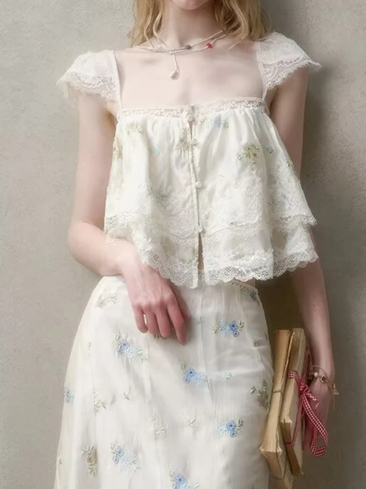 

French Style Floral Embroidery Cropped Blouse Shirt Women Beige Lace Lyocell Summer Vocation Casual Sexy Ladies Y2K Tops New