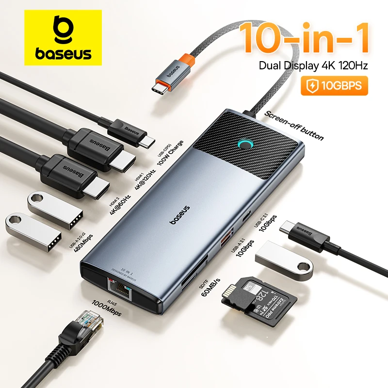 Разветвитель Baseus, 10 в 1, RJ45, USB 3,1, PD 100 Вт