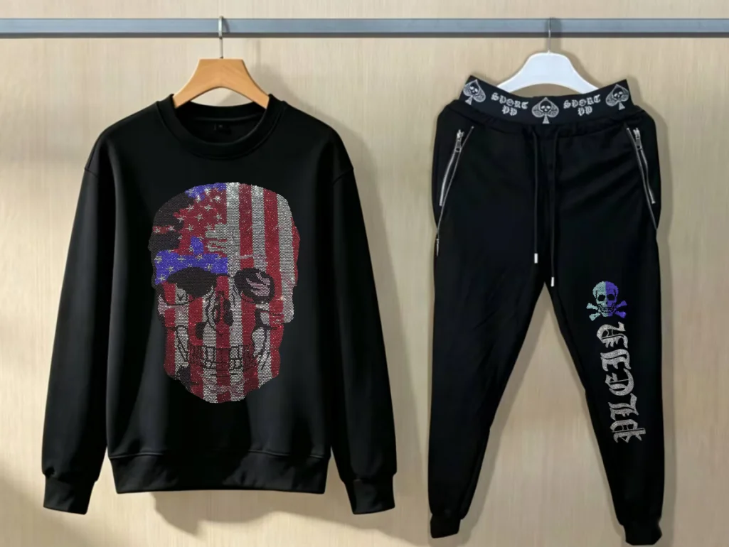 Fashion Luxury Oversize Fashion Suit hotfix rhinestone Hoodie Hip Hop Matching Outfit Men
