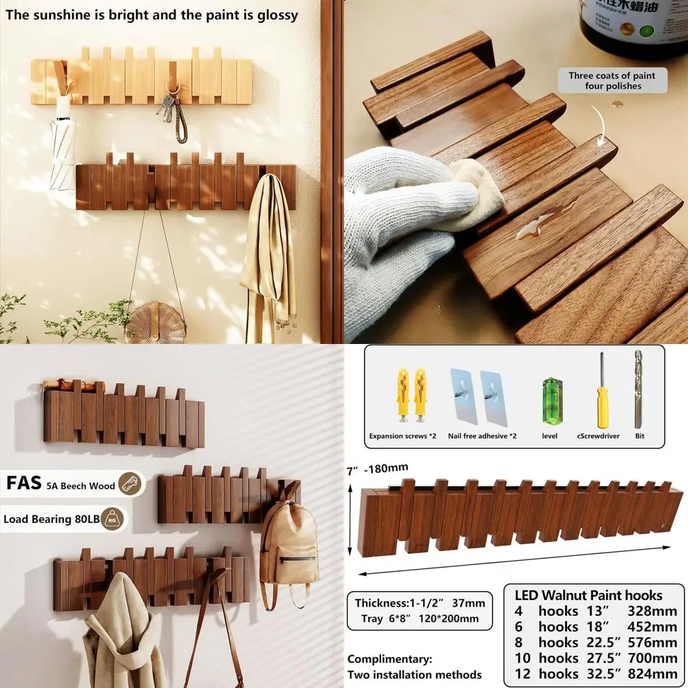 

LED Tri-Color Dimming Walnut Lacquer Wall Mounted Hanger with 4 Hooks, Ideal for Wardrobes, Kitchens, Bedrooms, Bathrooms, and E