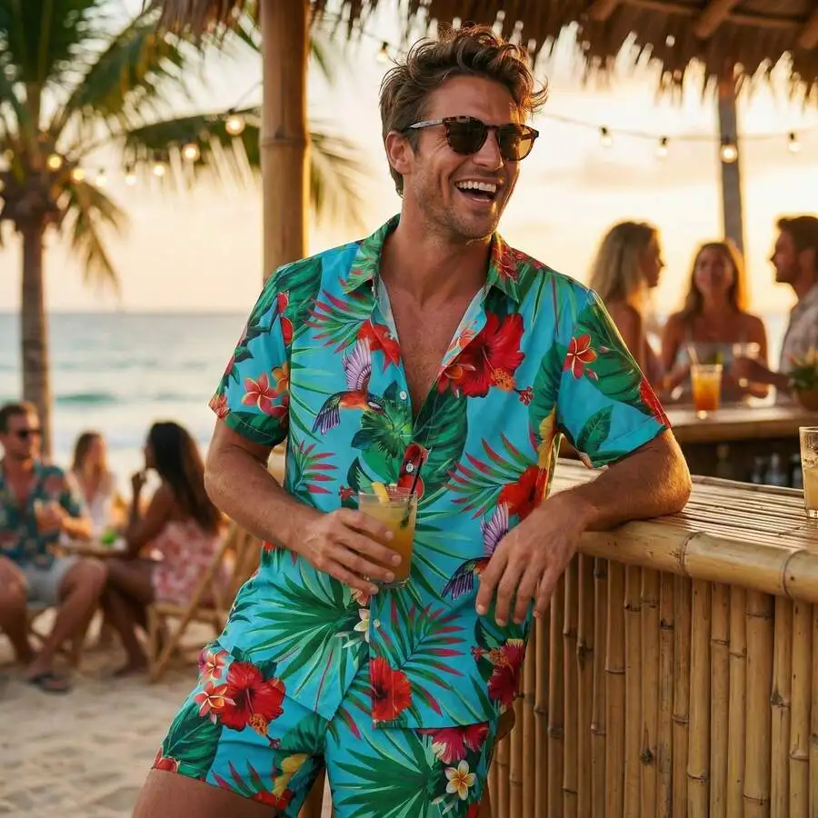 

Mens Hawaiian Floral 2 Piece Set Button Down Shirt And Shorts Beach Vacation Outfit