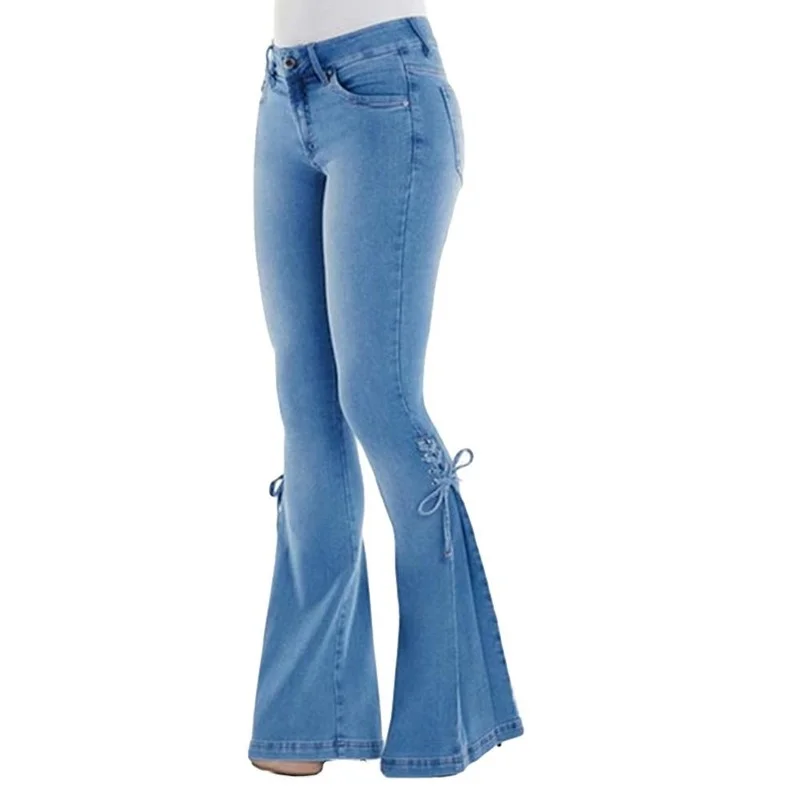Women Lace Up Bow Long Wide Leg Flare Jeans 2024 Vintage Classic Denim Pants High Waist Solid Stretch Jean Trousers for Female