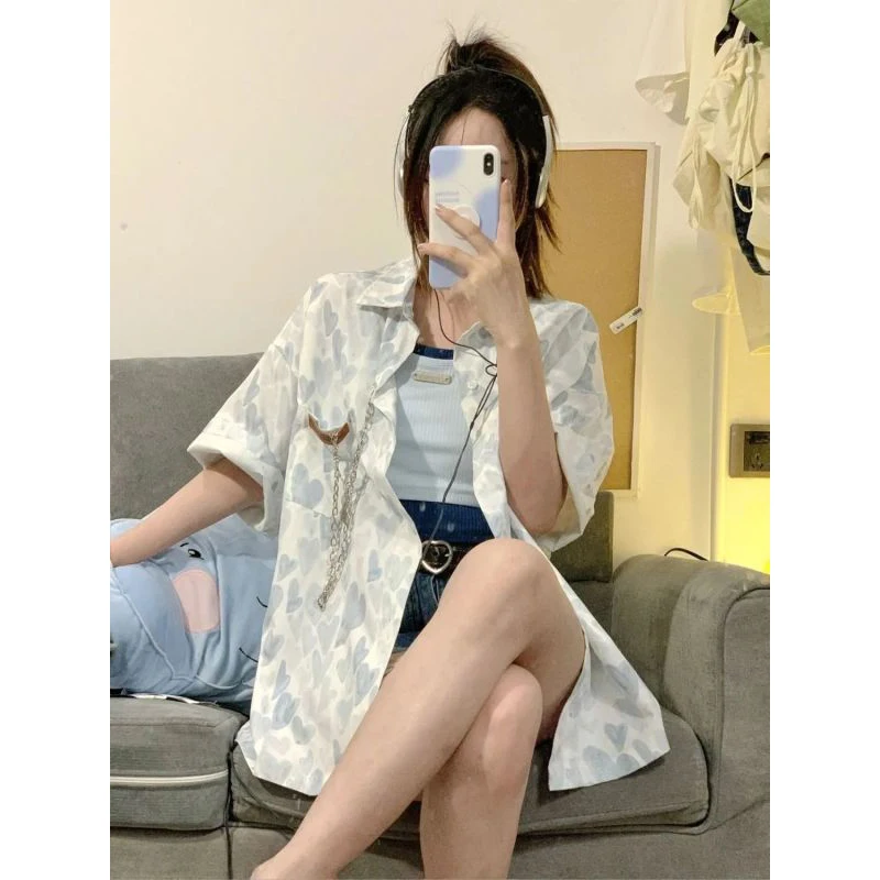 Women Summer Fashion Trend Loose Printing Polo-Neck Short Sleeve Shirts Women Clothes Sweet Casual All-match Sunscreen Top Tee