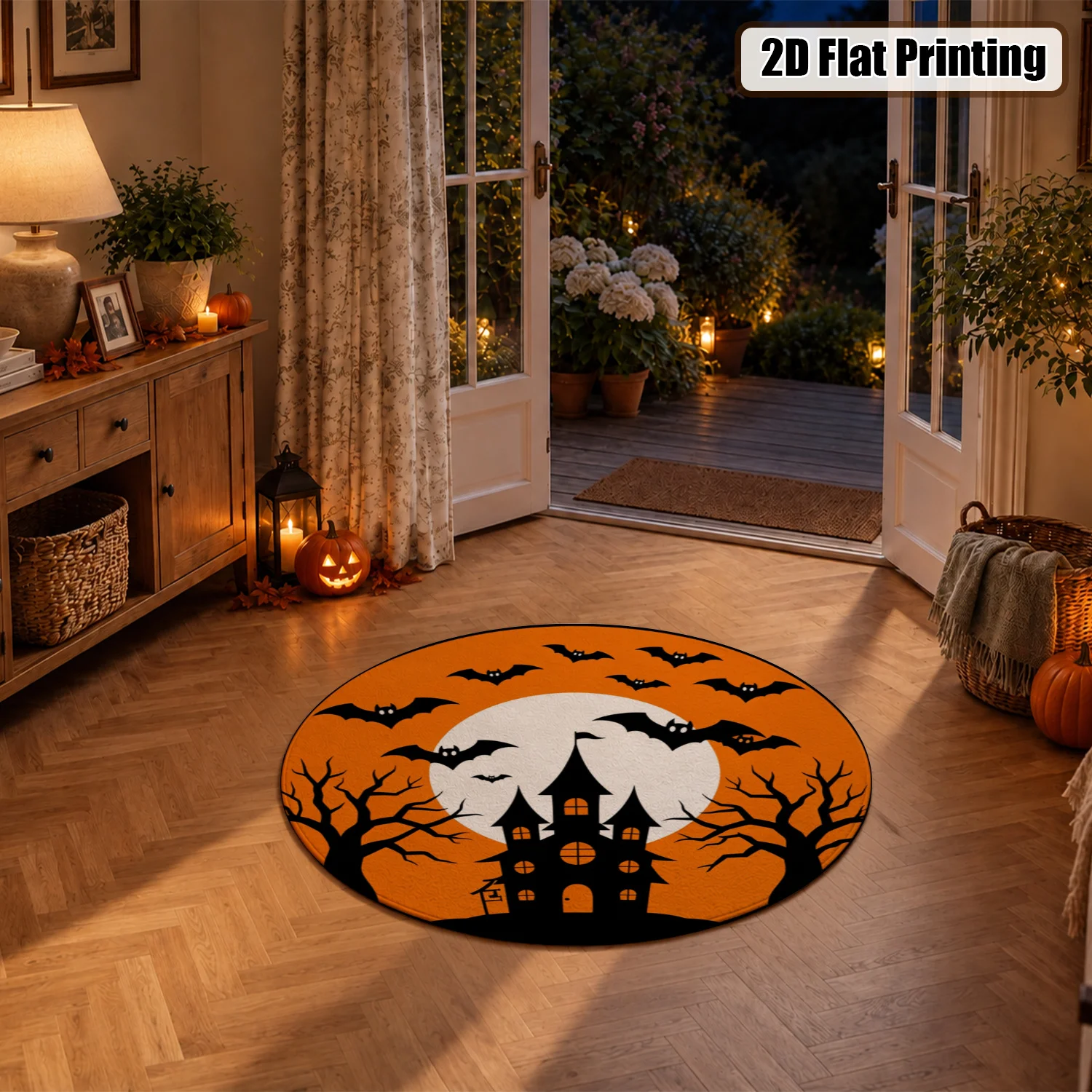 Halloween Haunted House Bat Moon Pattern Round Velvet Rug, Machine Washable Soft Floor Mat for Living Room Bedroom Entryway Dining Area, Perfect for Halloween Thanksgiving Christmas New Year Festive Home Decor